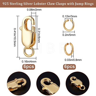 6Pcs 925 Sterling Silver Lobster Claw Clasps STER-BBC0002-06G-1