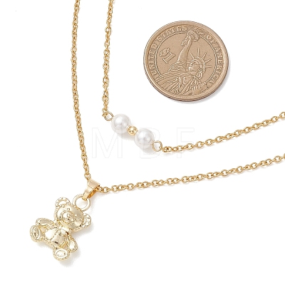 Alloy Bear and White Round Pendant 304 Stainless Steel Cable Chain Double Layer Necklaces for Women NJEW-JN05758-01-1