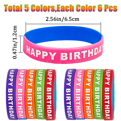 Gorgecraft 30Pcs 5 Colors Word HAPPY BIRTHDAY Silicone Cord Bracelets Set Wristband BJEW-GF0001-14A-1