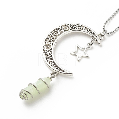 Natural New Jade Bullet with Alloy Moon and Star Pendant Necklace NJEW-JN03912-07-1