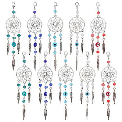  20Pcs 5 Style Woven Net/Web with Feather Tibetan Style Alloy Pendant Decorations HJEW-NB0001-80-1