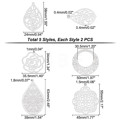 10Pcs 5 Style 304 Stainless Steel Big Filigree Pendants STAS-DC0004-24-1