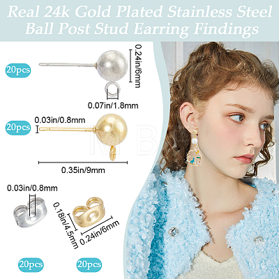 Beebeecraft 40Pcs 2 Styles 304 Stainless Steel Round Ball Post Stud Earring Findings STAS-BBC0004-79-1