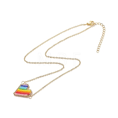 Rainbow Color Japanese Seed Braided Heart Pendant Necklace with 304 Stainless Steel Chains for Women NJEW-MZ00007-1