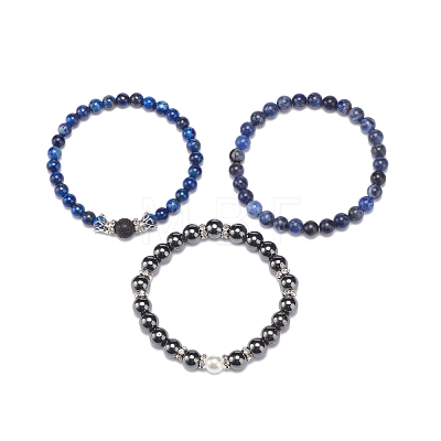 3Pcs 3 Style Natural & Synthetic Mixed Stone Round Beaded Stretch Bracelets Set BJEW-JB08587-1