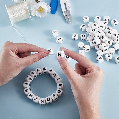 20Pcs White Cube Letter Silicone Beads 12x12x12mm Square Dice Alphabet Beads with 2mm Hole Spacer Loose Letter Beads for Bracelet Necklace Jewelry Making JX432Z-1