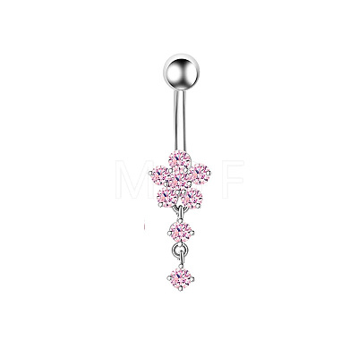 1Pc 304 Stainless Steel Rose Rhinestone Curved Barvell Dangle Belly Rings WGF9938-02-1