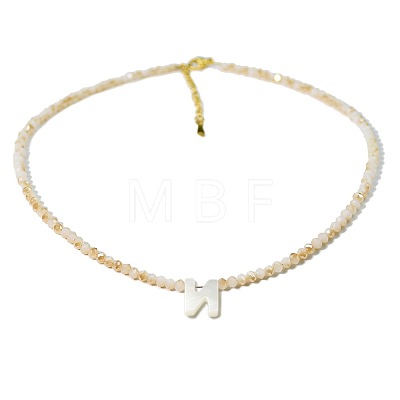 Natural White Shell Letter Faceted Glass Beaded Necklaces with 304 Stainless Steel End Chains SS7282-13-1