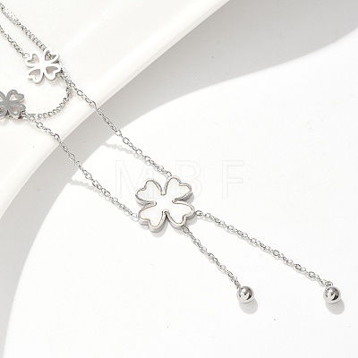 304 Stainless Steel Shell Pearl Clover Pendant Double Layered Necklaces for Women NJEW-U036-01P-1