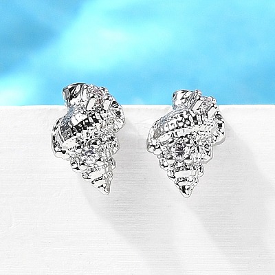 Conch Shape Brass Micro Pave Cubic Zirconia Ear Studs EJEW-D304-32P-1