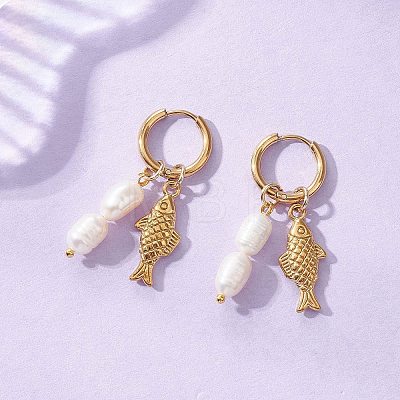 Natural Cultured Freshwater Pearl Rice with Fish Hoop Earrings EJEW-JE06740-1