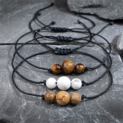 3Pcs Handmade Round Natural Tiger Eye & Wood Lace & Howlite Beads Braided Bead Bracelet Set BW7553-1