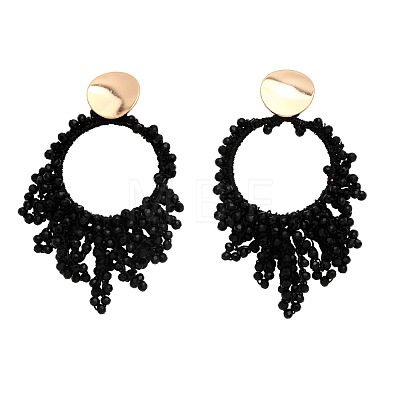 Flat Round Brass Glass Bead Dangle Stud Earrings FS-WG04037-02-1