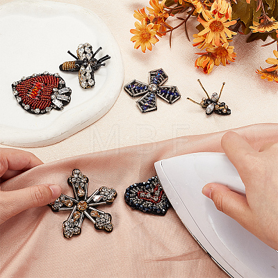 GOMAKERER 6Pcs 6 Style Bees Flower Heart Handicraft Acrylic Beaded Appliques PATC-GO0001-07-1