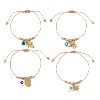 Religion Natural Shell Enamel Evil Eye and Stainless Steel Charm Nylon Cord Braided Bracelets BJEW-JB14285-1