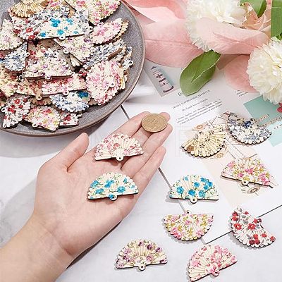  48Pcs 8 Colors Printed Flower Wood Pendants WOOD-NB0002-28-1