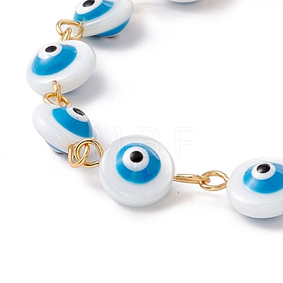 Natural Shell Flat Round with Evil Eye Link Chain Bracelet with Enamel BJEW-C015-21G-1