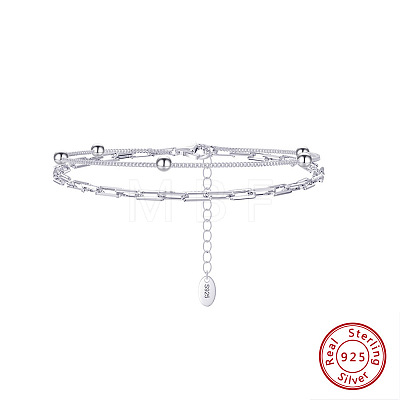 Rhodium Plated 925 Sterling Silver Satellite & Paperclip Chains Double-Layer Multi-strand Bracelet STER-M116-10P-1