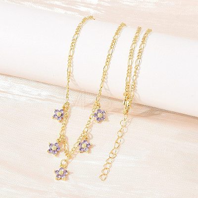 Brass Pave Lilac Cubic Zirconia Flower Pendant Figaro Chain Bib Necklaces for Women NJEW-F364-01G-1