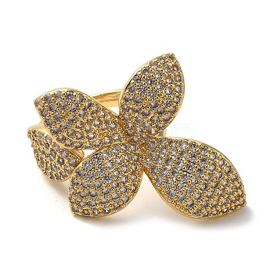 Rack Plating Flower Brass Micro Pave Clear Cubic Zirconia Cuff Rings for Women RJEW-H235-04G-1