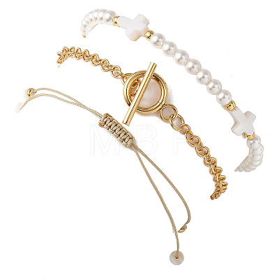 3Pcs 3 Styles Shell Pearl Beaded Stretch Bracelets & Brass Rolo Chains Bracelets & Natural Cultured Freshwater Pearl Beaded Braided Bead Bracelets for Women BJEW-JB12786-1
