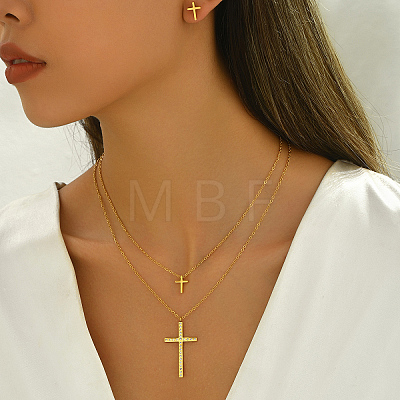 201 Stainless Steel Rhinestones Double-layer Cross Pendant Necklace & Stud Earrings Set for Women LY3624-1
