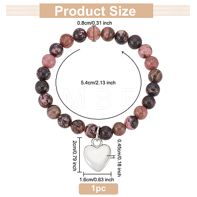 Olycraft Natural Rhodonite Round Beaded Stretch Bracelet with Alloy Heart Charm BJEW-OC0001-09A-1