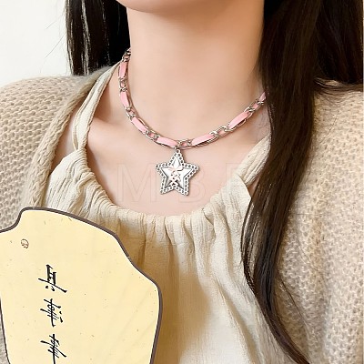 Alloy Enamel Star Pendant Pink PU Leather & Metal Chain Necklaces for Women WG963A2-01-1