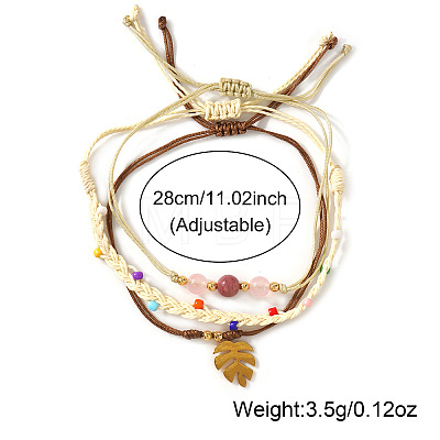 3OPcs 3 Styles Natural Rhodochrosite & Pink Jade & Glass Round Beads Bracelets & Brass Leaf Charm Bracelets Set DI3925-1-1
