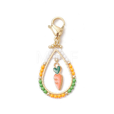 Easter Teadrop Glass Seed Beaded & Alloy Enamel Carrot Pendant Decorations HJEW-MZ00187-07-1