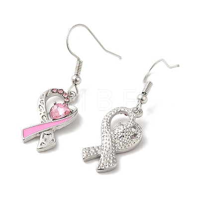 October Breast Cancer Pink Awareness Ribbon Alloy Dangle Earrings with Rhinestone EJEW-Z027-01P-1