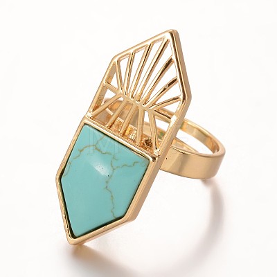 Hexagon Brass Synthetic Turquoise Wide Band Rings X-RJEW-O023-01C-1