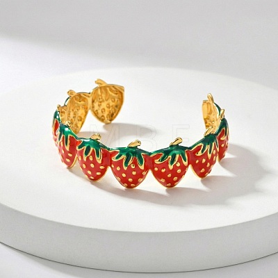 304 Stainless Steel Enamel Red Strawberry Open Cuff Bangles for Women WG62D08-01-1