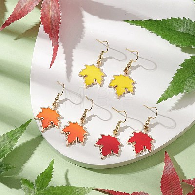 3 Pairs Maple Leaf Alloy Enamel Dangle Earrings EJEW-JE06091-1