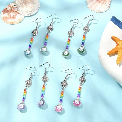4 Pair 4 Color Alloy Shell with Imitation Pearl Dangle Earrings EJEW-JE05379-1