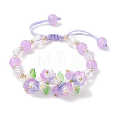 Flower Glass & Acrylic Braided Bead Adjustable Bracelets for Women BJEW-JB10446-1