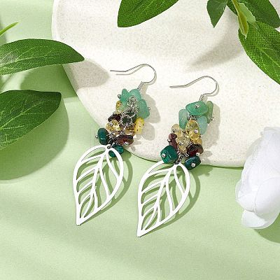 Leaf 201 Stainless Steel Natural Citrine & Natural Green Aventurine & Natural Malachite & Natural Garnet Chip Dangle Earrings EJEW-JE06138-02-1