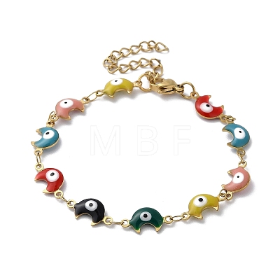 Moon with Evil Eye Enamel Link Chain Bracelet BJEW-G683-01G-01-1