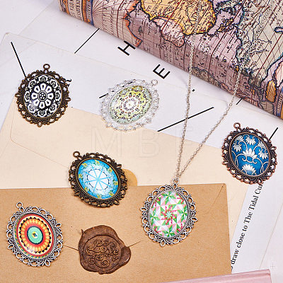   Tibetan Style Alloy Flat Oval Pendant Cabochon Settings and Clear Oval Glass Cabochons DIY-PH0024-97-1