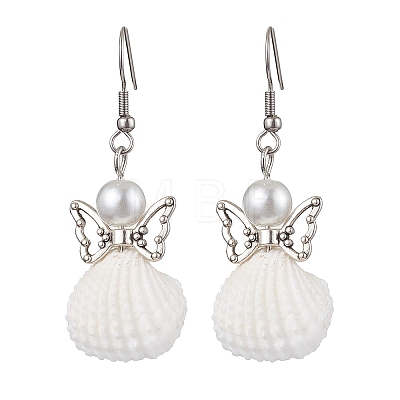 Angel Spiral Shell & Glass Pearl Dangle Earrings EJEW-JE05838-1