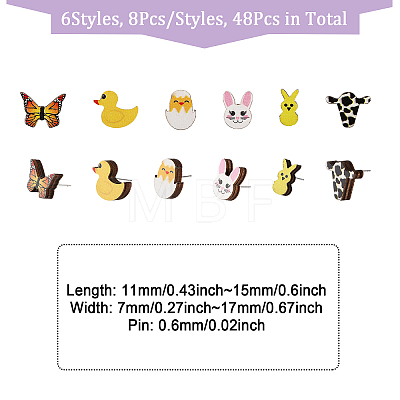 48Pcs 6 Styles Duck & Butterfly & Cow & Rabbit & Chick Wood Stud Earrings EJEW-CA0001-10-1