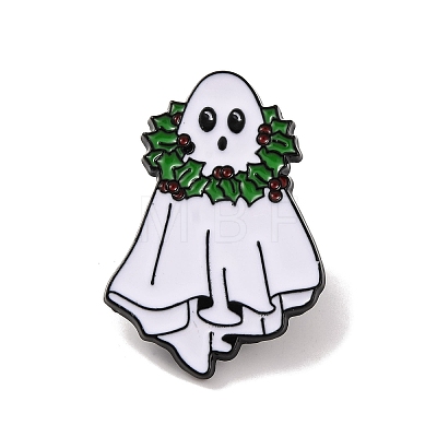 Christmas Theme Ghost with Holly Leaves Enamel Pins JEWB-M043-06C-1