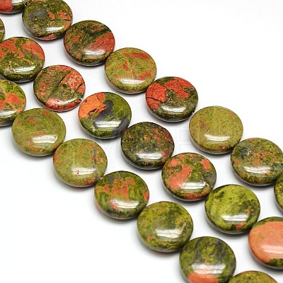 Natural Flat Round Unakite Beads Strands G-L246-13-1