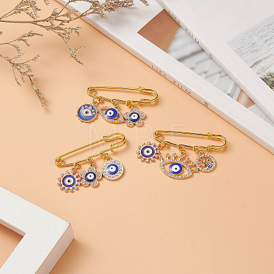 3Pcs 3 Style Iron Evil Eye Safety Pin Brooches JEWB-BR00085-1
