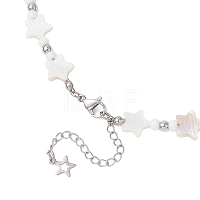 2Pcs 2 Styles Natural White Shell & Brass Moon Star Beaded Necklaces NJEW-JN05854-1