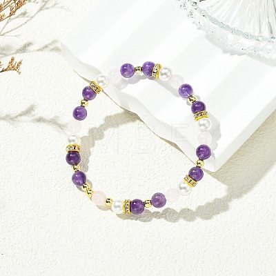 Natural Amethyst & Rose Quartz & Non-magnetic Synthetic Hematite & Shell Pearl Beaded Bracelets for Women BJEW-JB13895-02-1