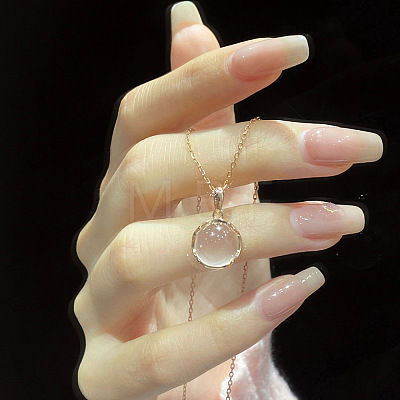 Flat Round Brass Pave Natural Rose Quartz Pendant Necklaces for Women WG46560-02-1