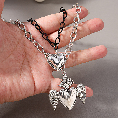 Duo Tone Alloy Heart with Angel Wings Pendant Double Layer Necklaces for Women WGB1CA0-01-1