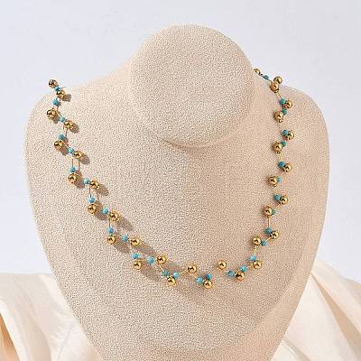 304 Stainless Steel & Faceted Round Synthetic Turquoise Beaded Necklaces for Women NJEW-C119-03A-1