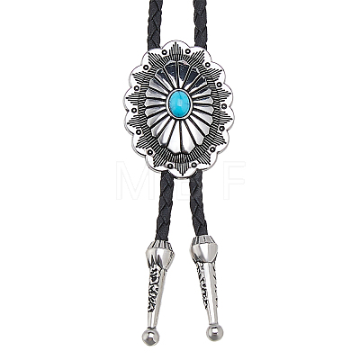 Adjustable Zinc Alloy Pave Synthetic Turquoise Oval Black PU Leather Cord Bolo Tie Lariat Necklaces NJEW-WH0035-04AS-1